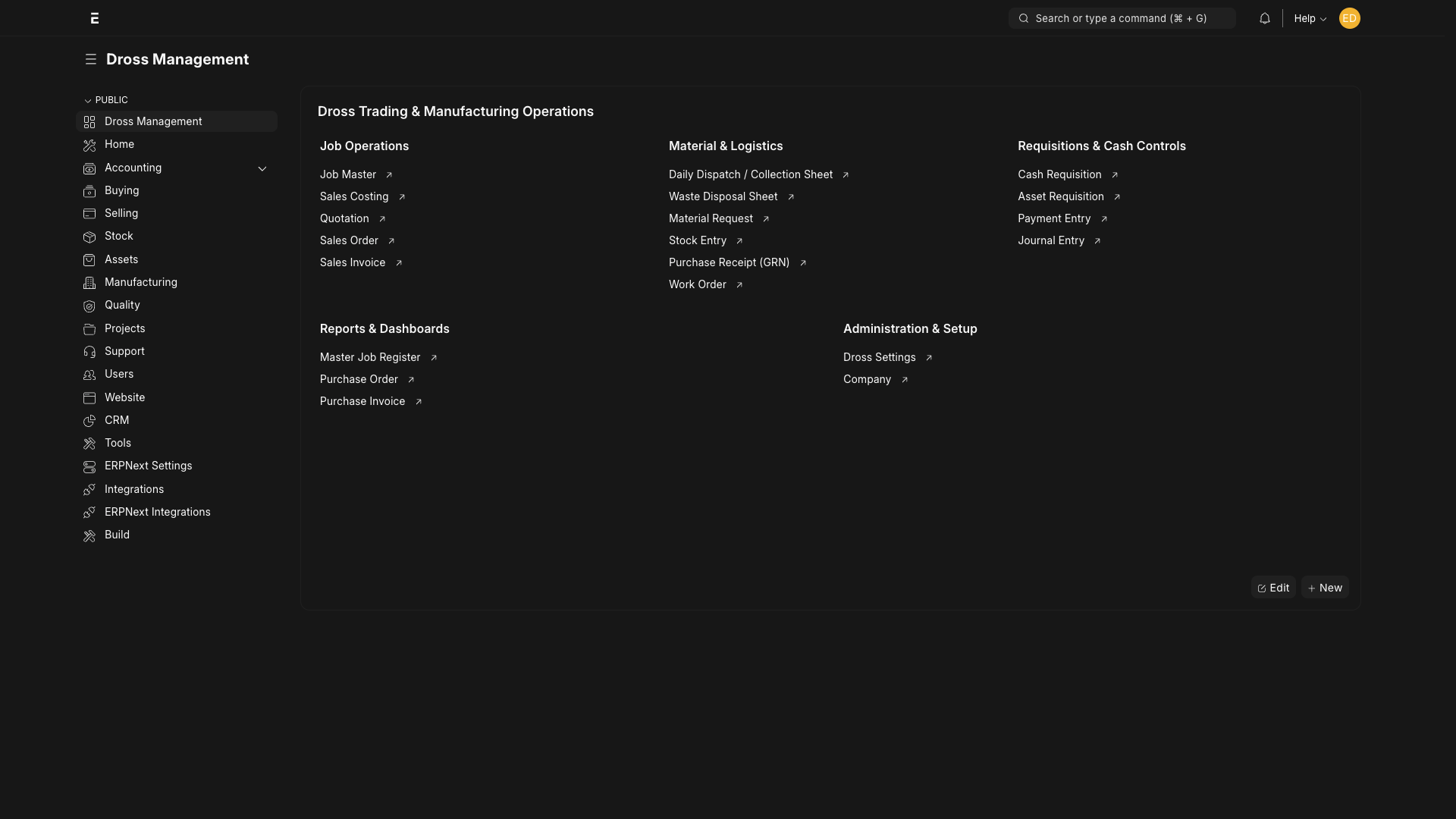 Dross ERP live dashboard UI